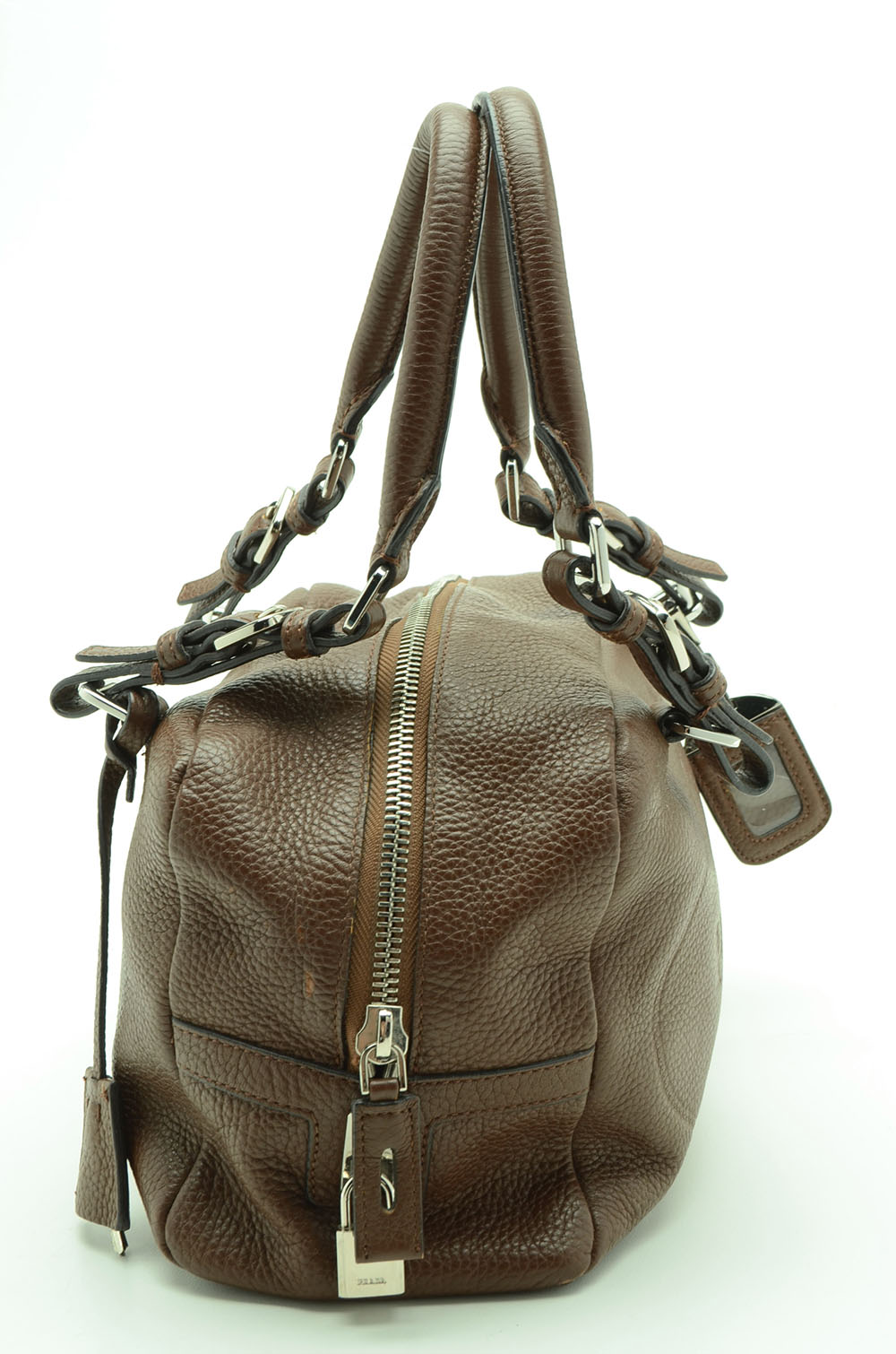 Prada Bruciato Leather Vitello Daino Tessuto Print Bauletto Bag