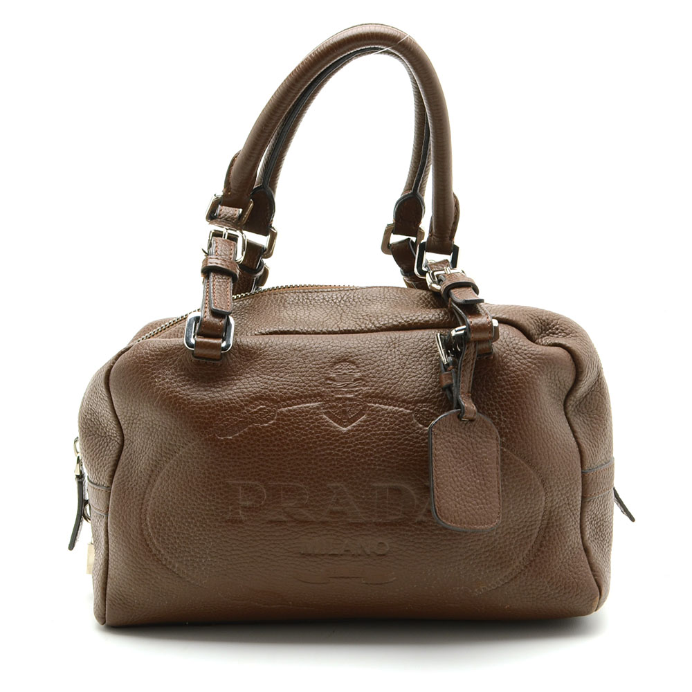 Prada Bruciato Leather Vitello Daino Tessuto Print Bauletto Bag