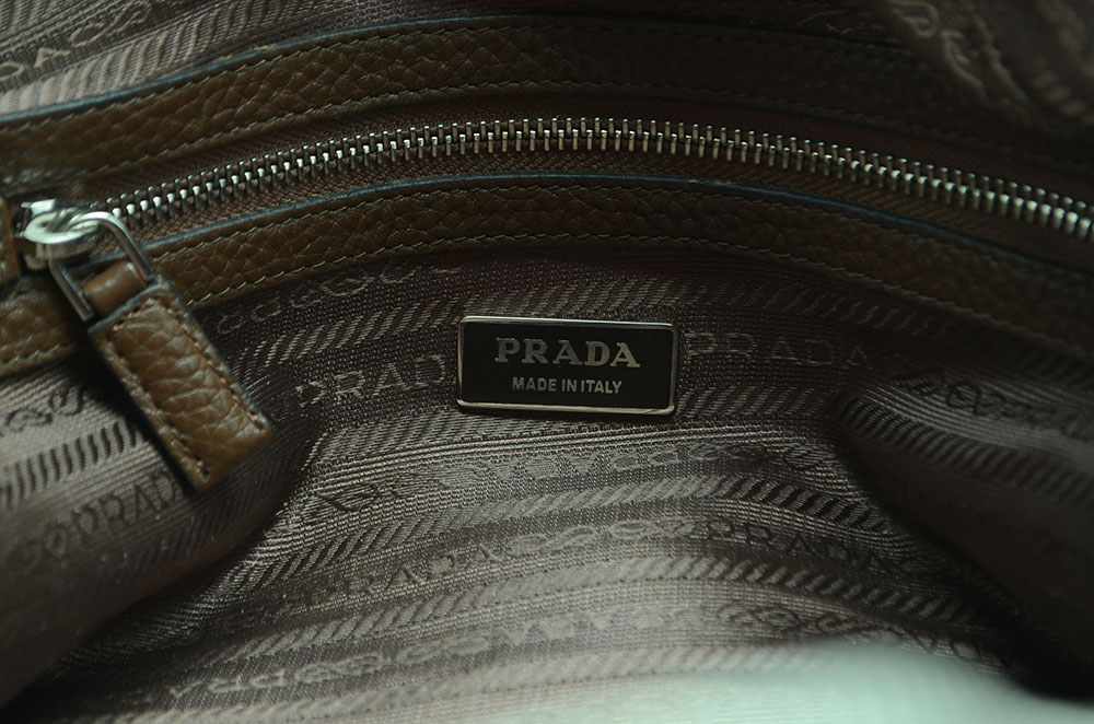 Prada Bruciato Leather Vitello Daino Tessuto Print Bauletto Bag
