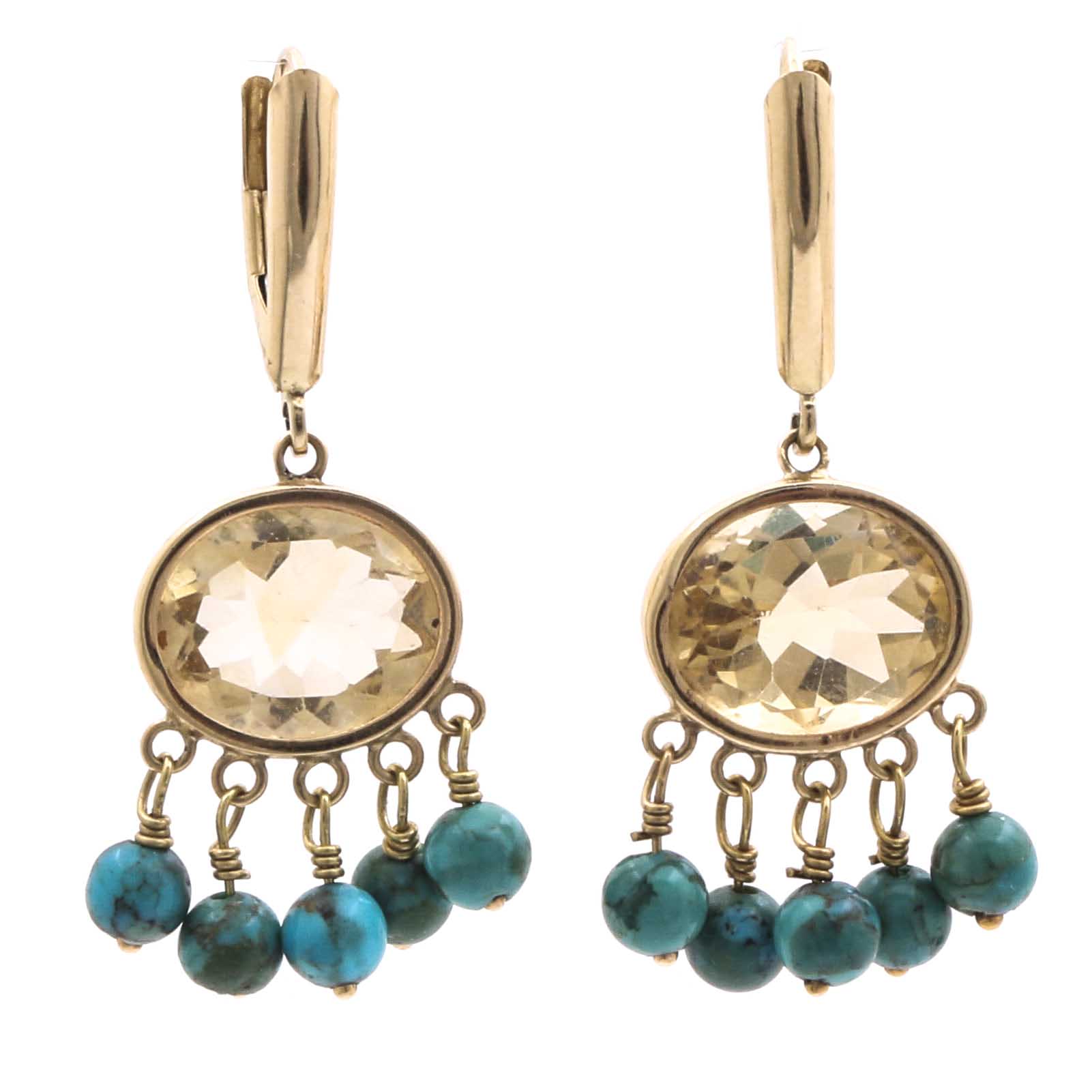 14K Yellow Gold Citrine and Turquoise Dangle Earrings