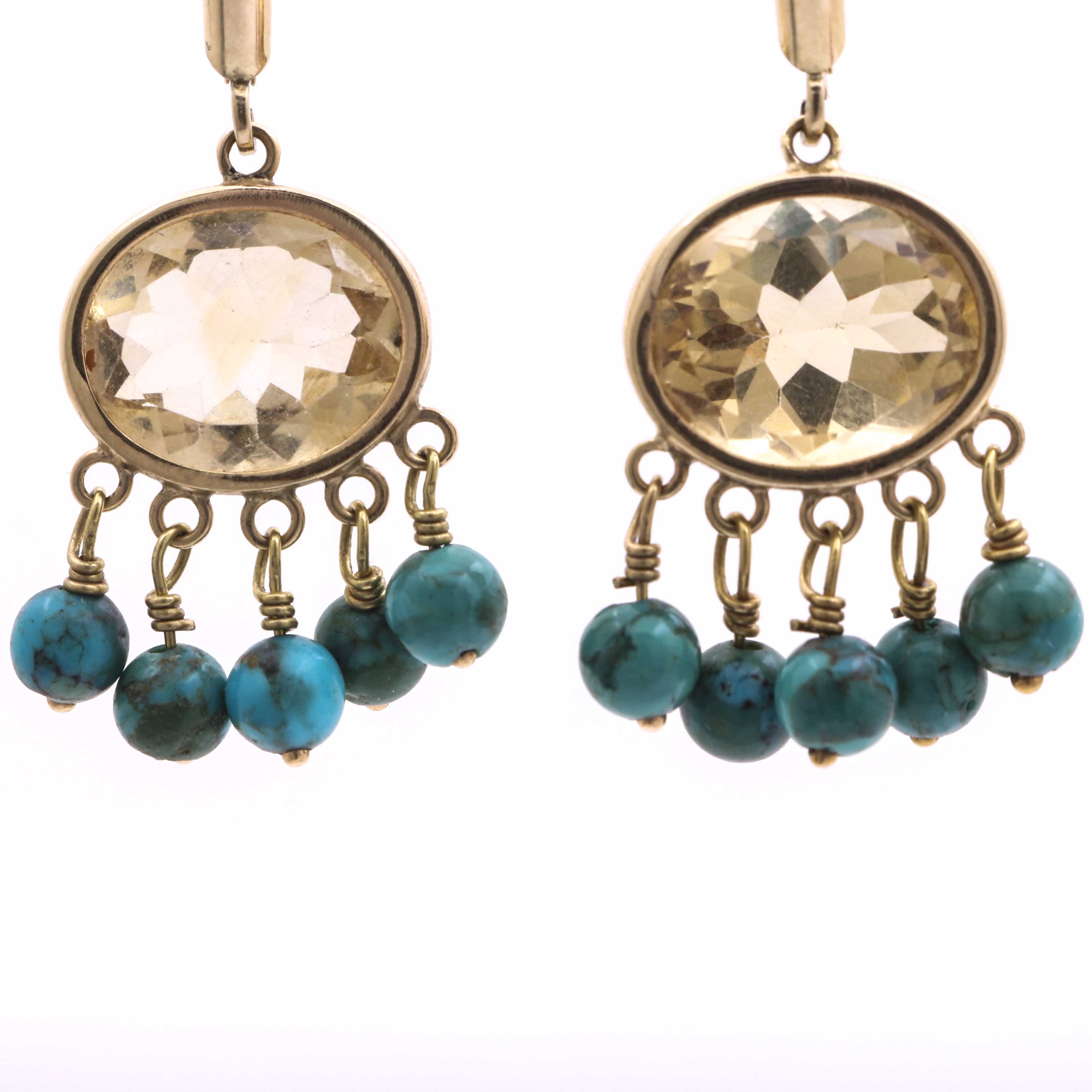14K Yellow Gold Citrine and Turquoise Dangle Earrings