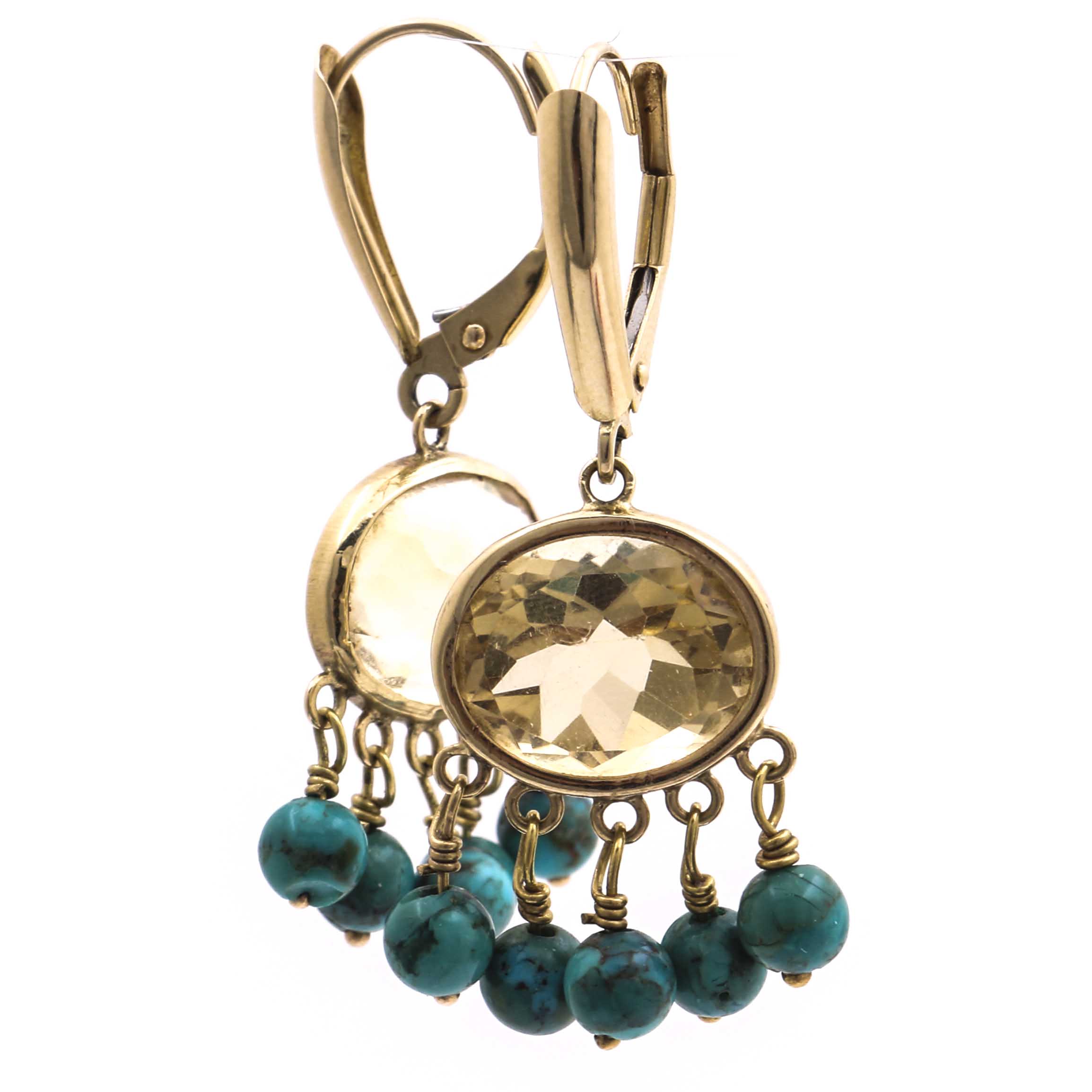 14K Yellow Gold Citrine and Turquoise Dangle Earrings