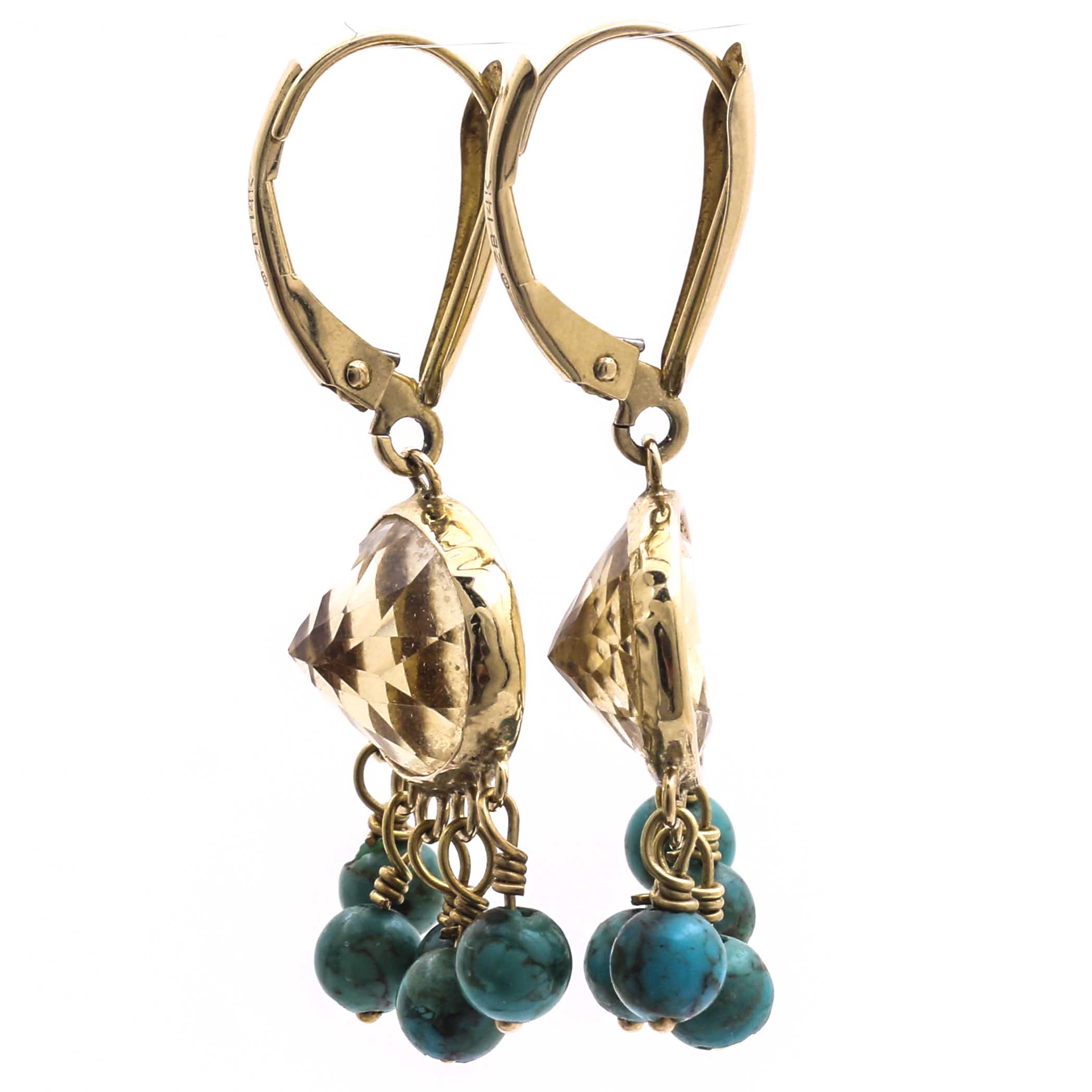14K Yellow Gold Citrine and Turquoise Dangle Earrings