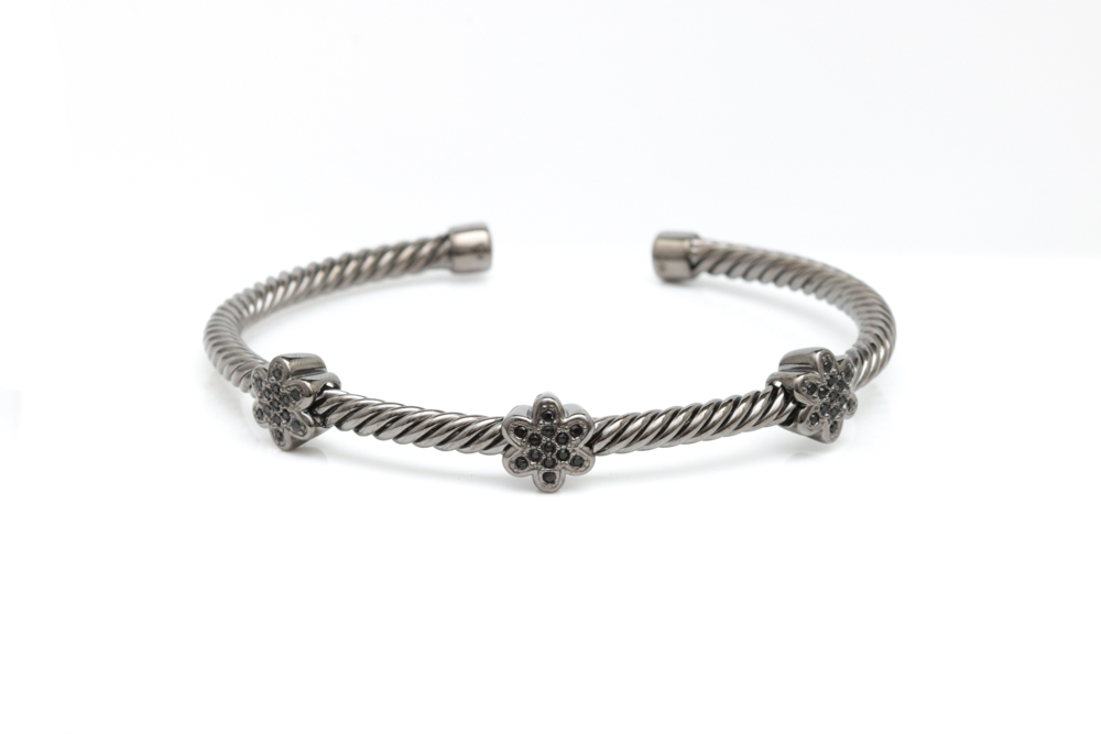 Sterling Silver Rhodium Plated and Black Crystal Bangle Bracelet