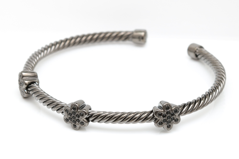 Sterling Silver Rhodium Plated and Black Crystal Bangle Bracelet