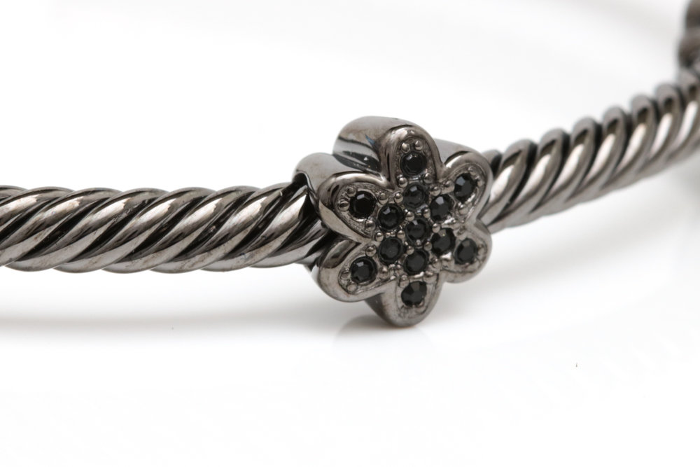 Sterling Silver Rhodium Plated and Black Crystal Bangle Bracelet