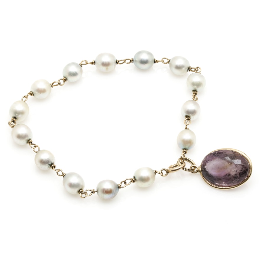 14K Yellow Gold Amethyst and Pearl Bracelet