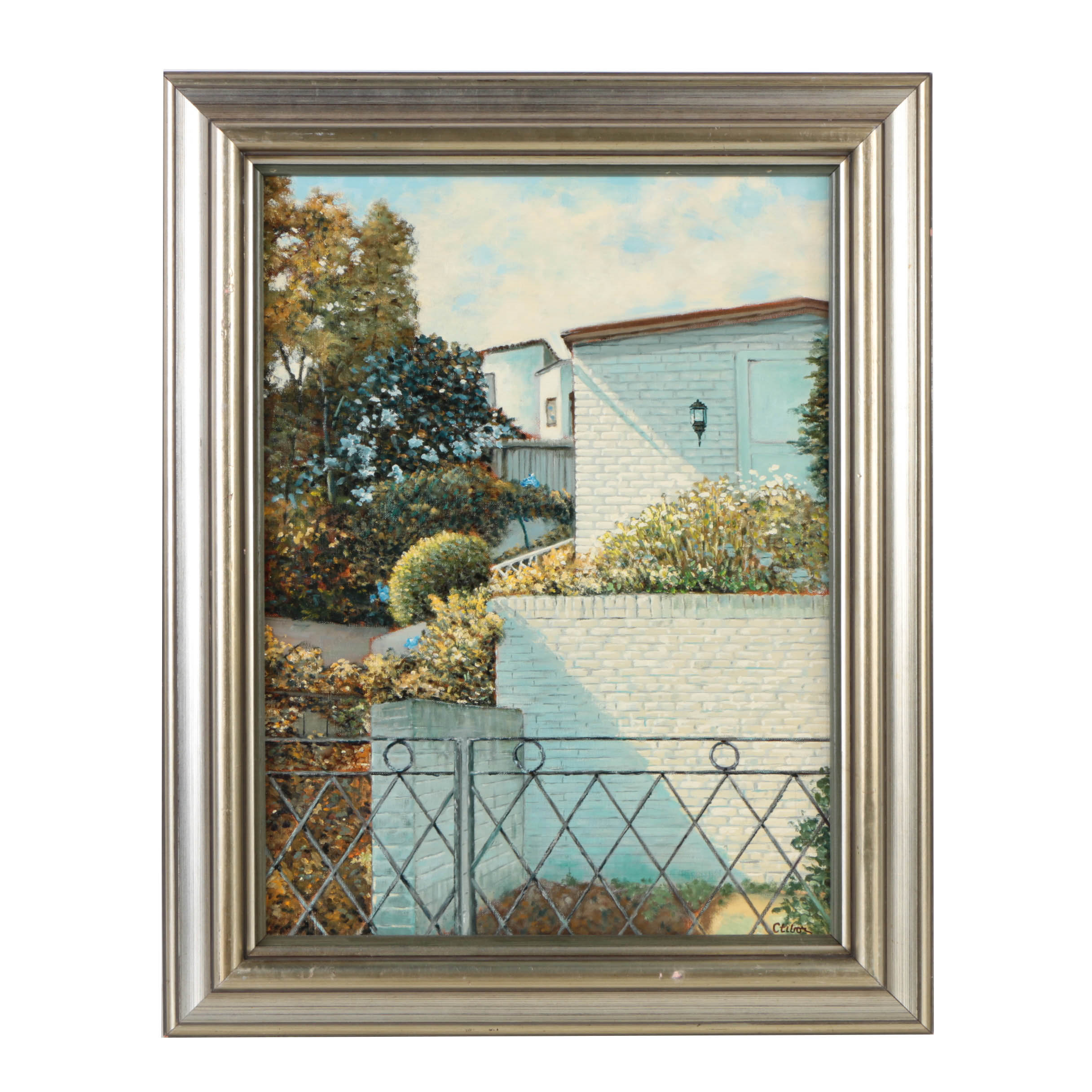 Vladmir Ctibor Oil Painting on Canvas "San Francisco - White Brickhouse with Iron Fence"