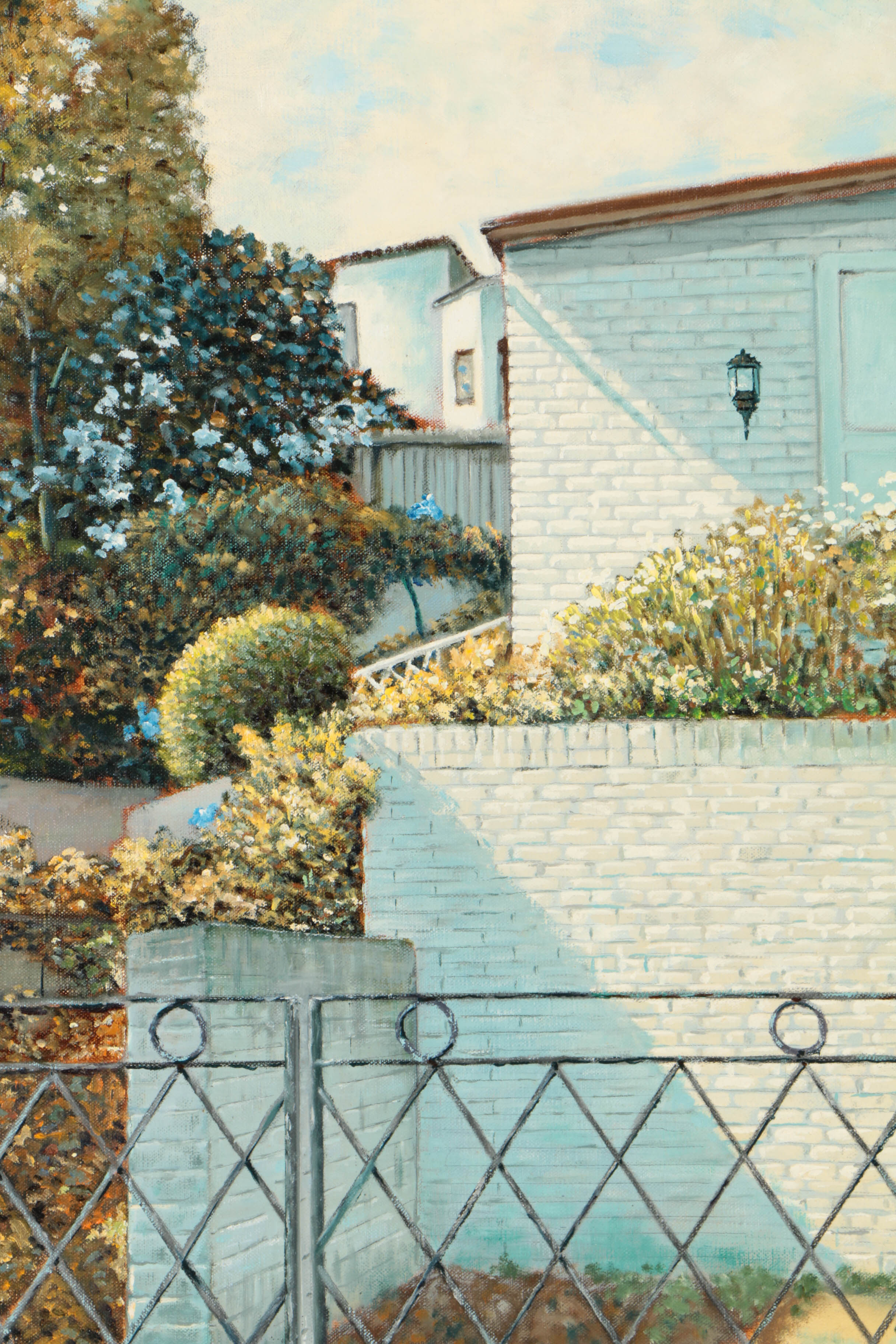 Vladmir Ctibor Oil Painting on Canvas "San Francisco - White Brickhouse with Iron Fence"