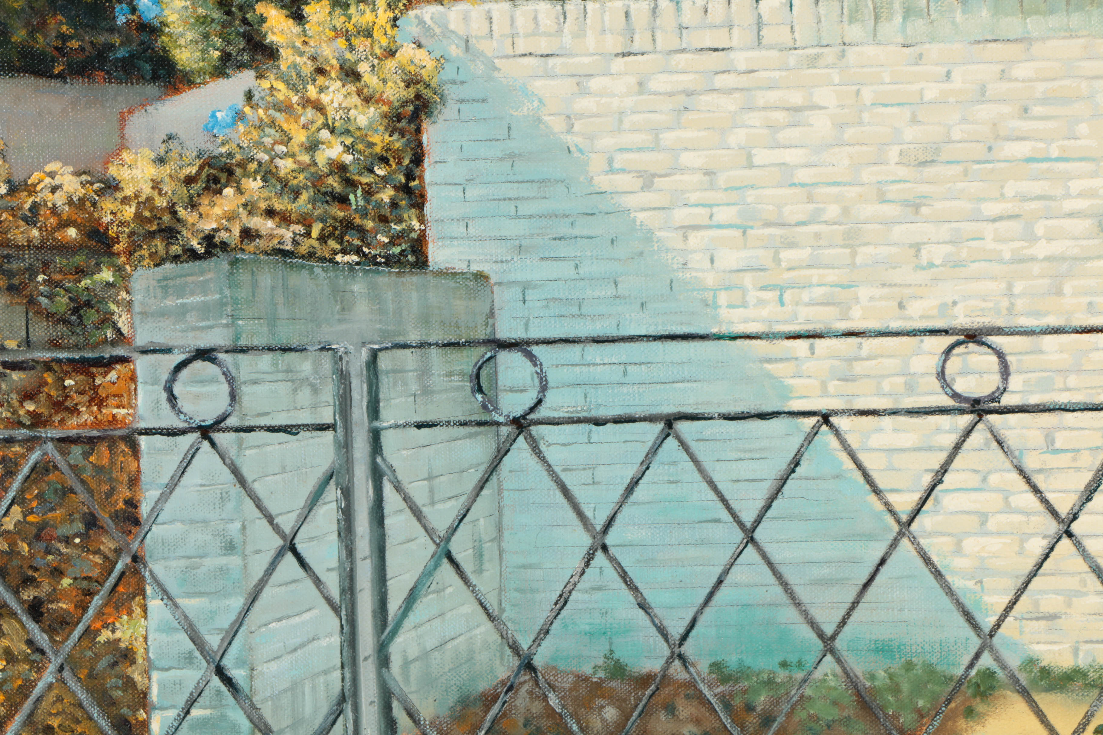 Vladmir Ctibor Oil Painting on Canvas "San Francisco - White Brickhouse with Iron Fence"