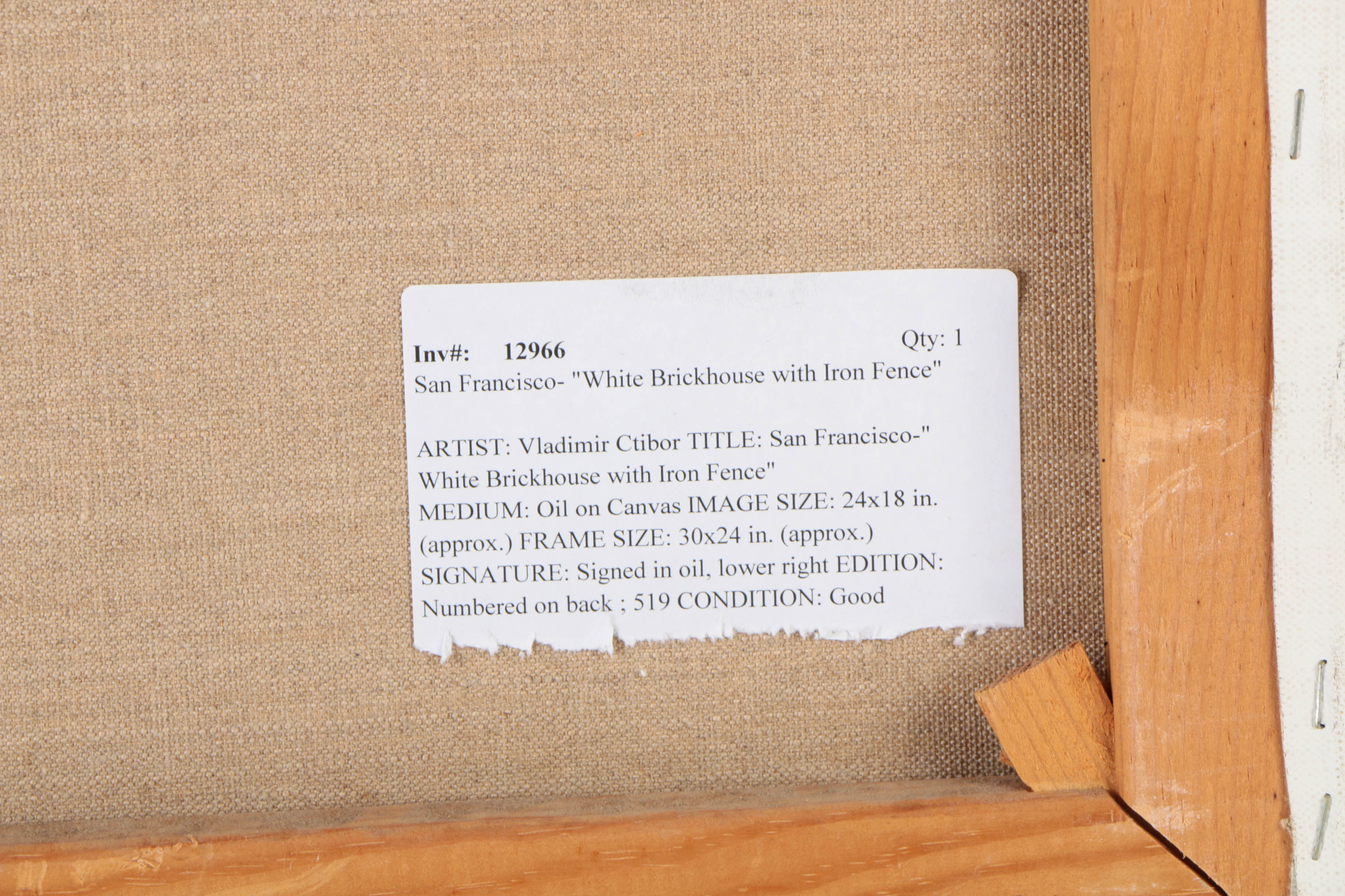 Vladmir Ctibor Oil Painting on Canvas "San Francisco - White Brickhouse with Iron Fence"