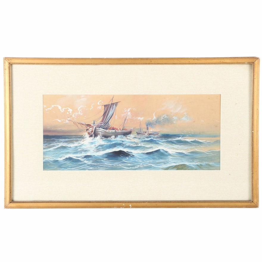 Watercolor and Gouache Painting on Paper of Seascape