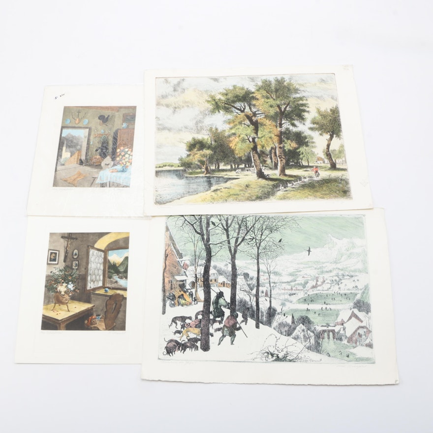 Landscape Etchings and Interior Scene Lithographs