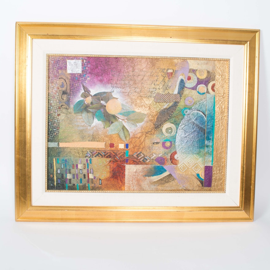 Framed Abstract Mixed Media With Metallic Foil Elements