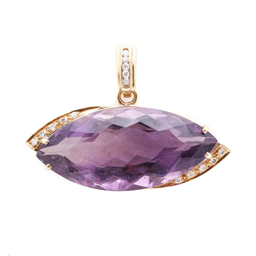 14K Yellow Gold 25.37 CT Amethyst and Diamond Pendant with an Enhancer Bail