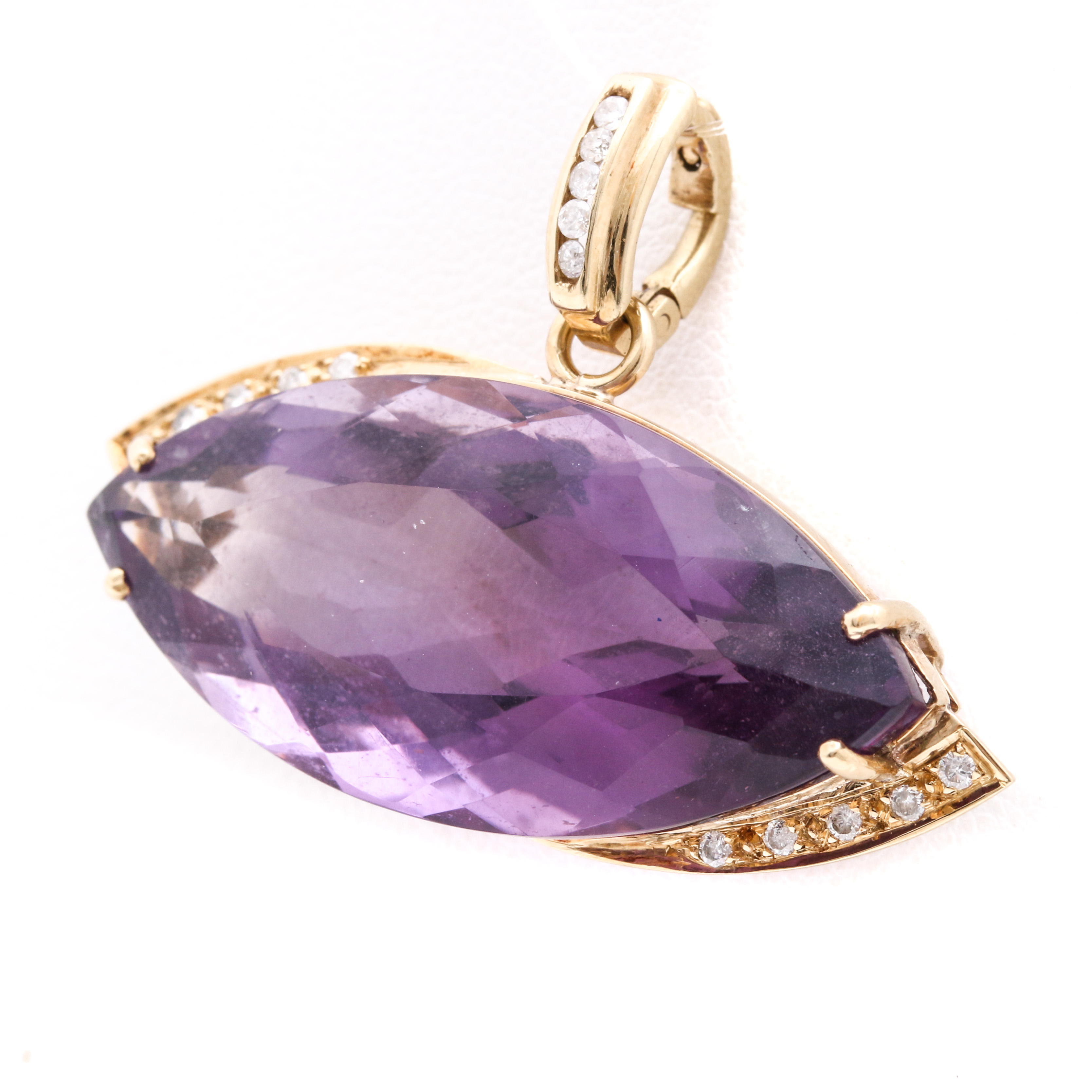 14K Yellow Gold 25.37 CT Amethyst and Diamond Pendant with an Enhancer Bail