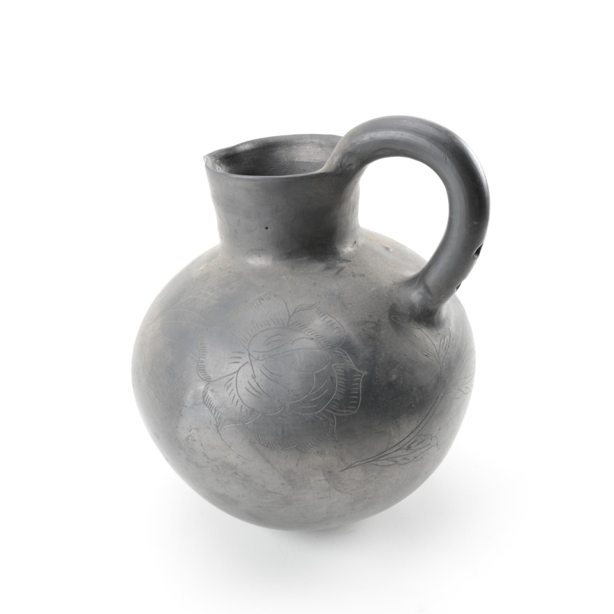 Handbuilt Coiled Black Clay Pitcher