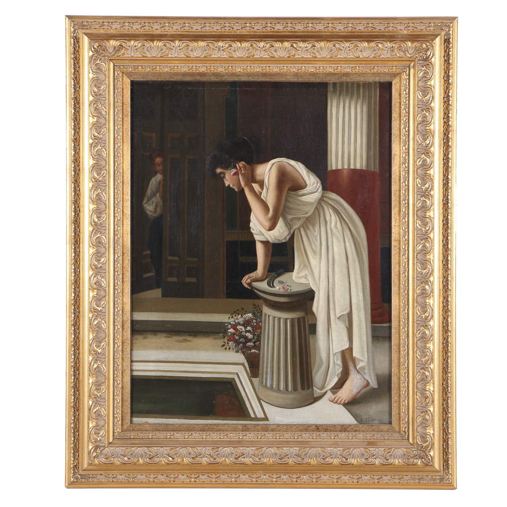 G. Monnin Oil Painting on Canvas Woman with a Flower