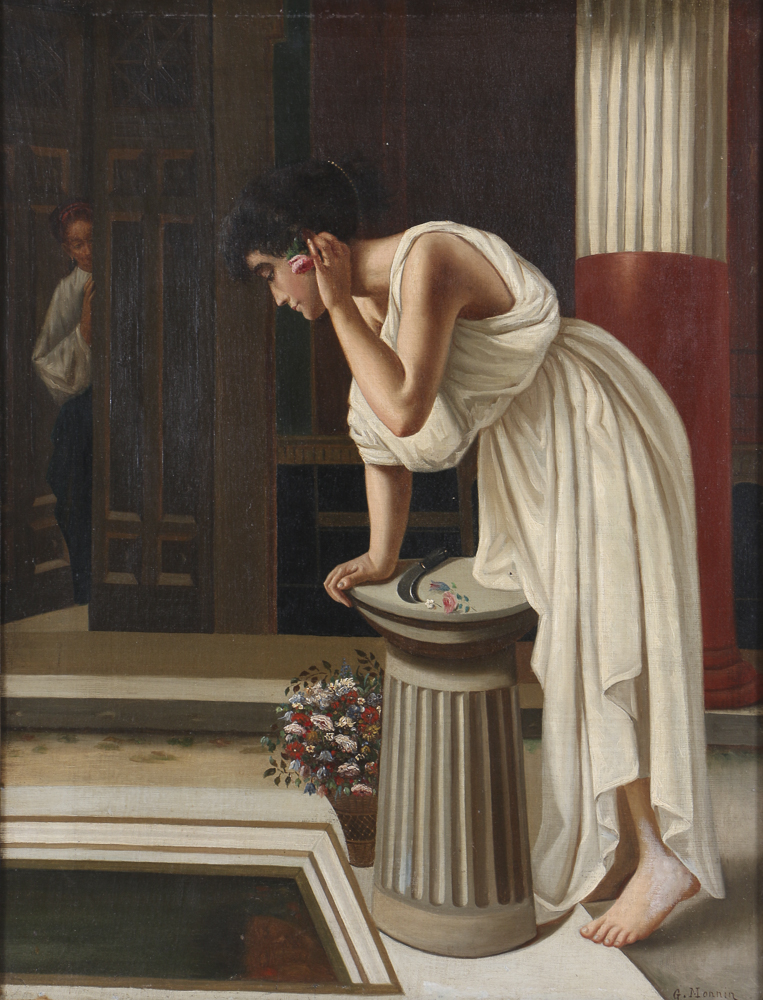 G. Monnin Oil Painting on Canvas Woman with a Flower