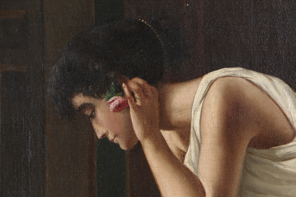 G. Monnin Oil Painting on Canvas Woman with a Flower