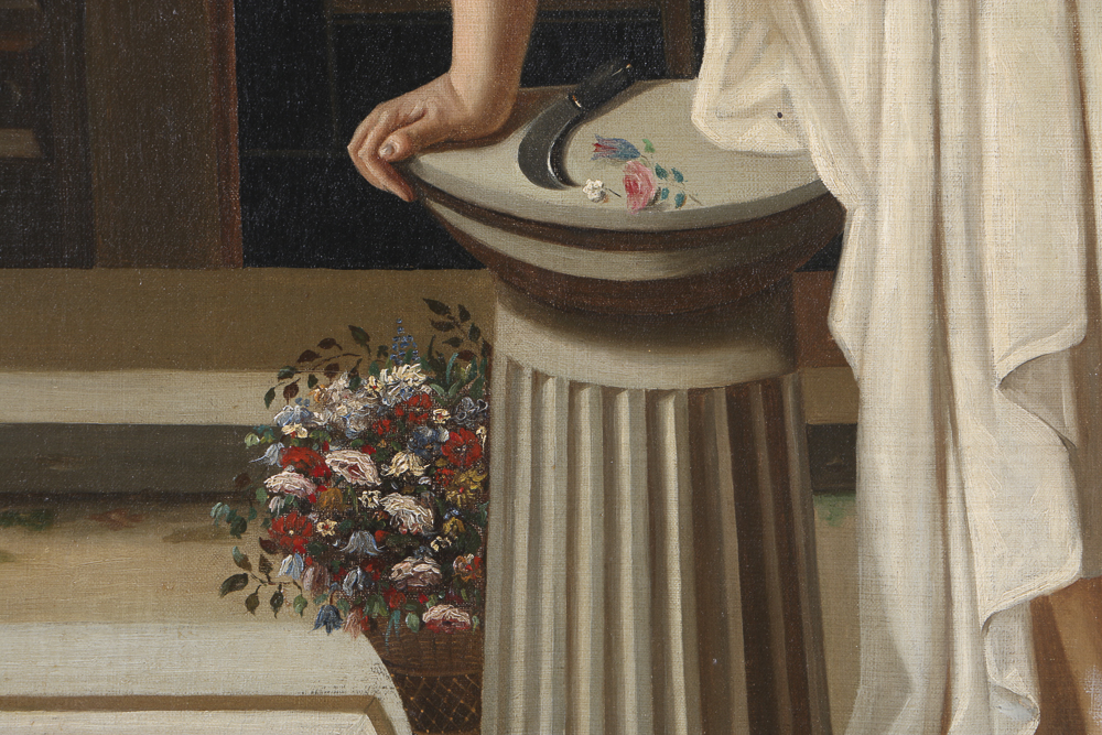 G. Monnin Oil Painting on Canvas Woman with a Flower