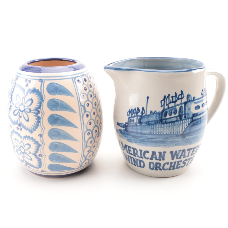 Blue and White Ceramic Creamer and Vessel Featuring M.A. Hadley