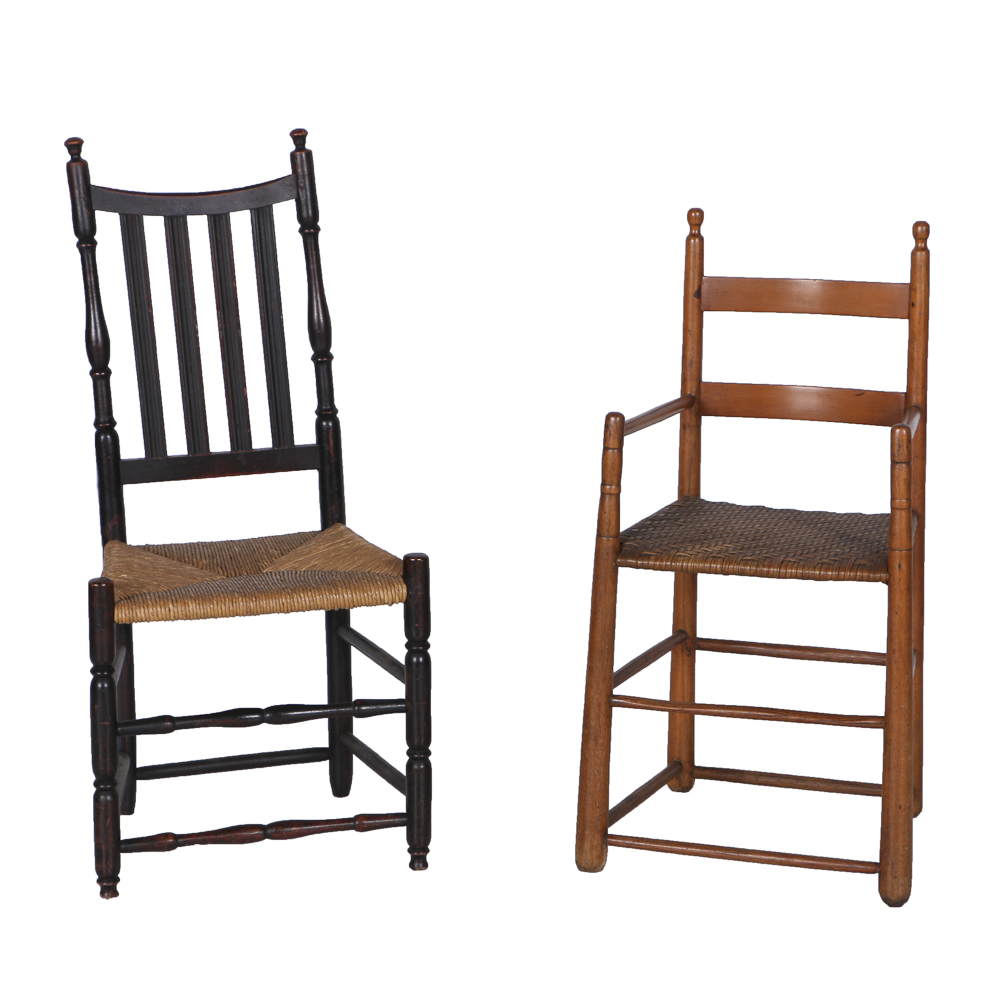 Antique Banister-Back Side Chair and Child's Ladderback Highchair