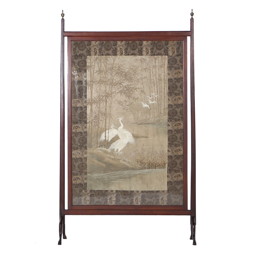 Antique Queen Anne Style Room Divider With East Asian Embroidery Panel