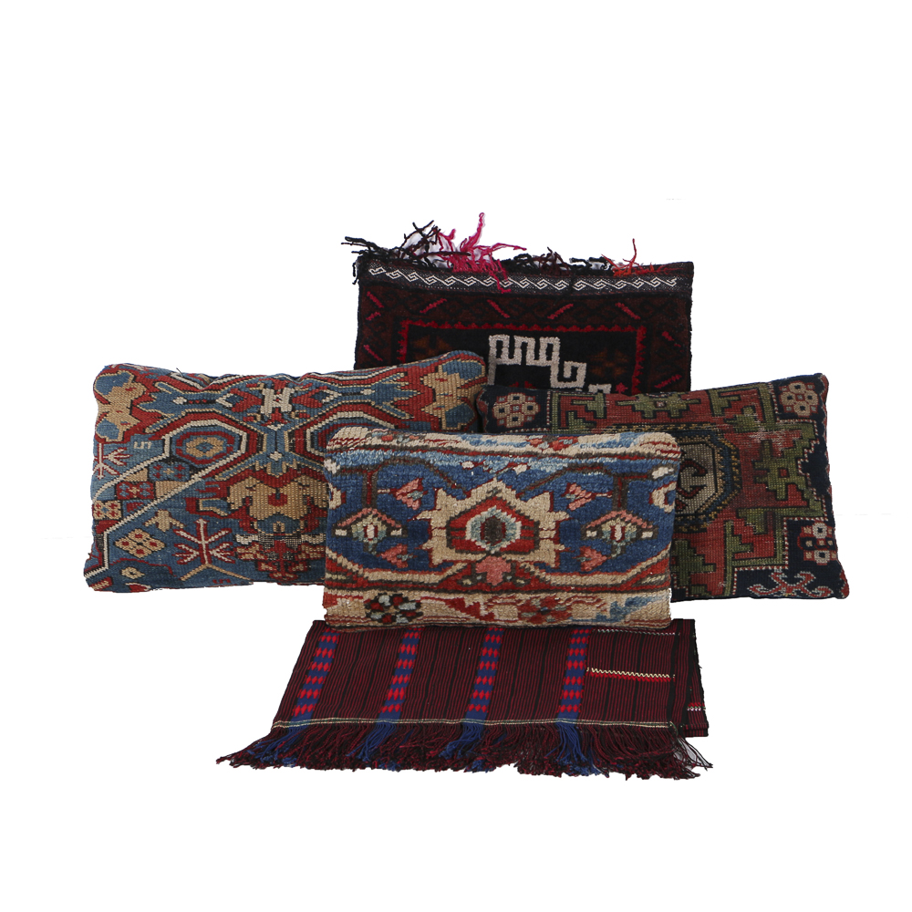 Four Wool Rug Accent Pillows and Woven Textile