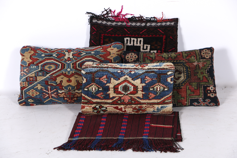 Four Wool Rug Accent Pillows and Woven Textile