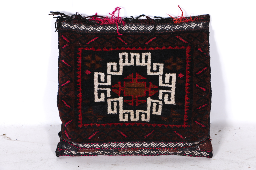 Four Wool Rug Accent Pillows and Woven Textile