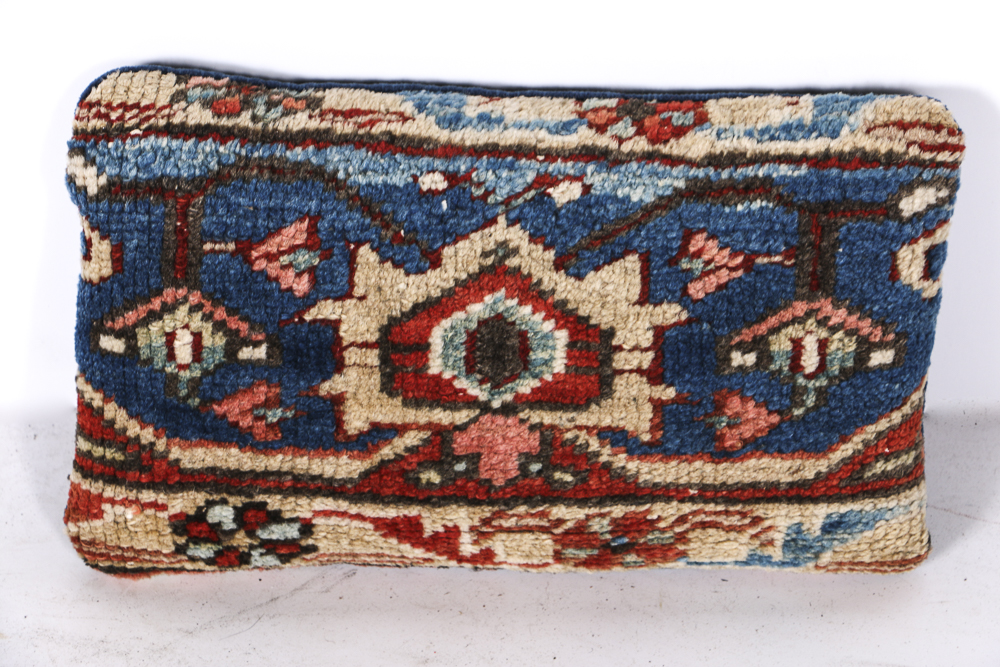 Four Wool Rug Accent Pillows and Woven Textile