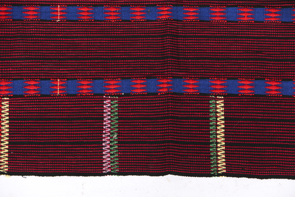 Four Wool Rug Accent Pillows and Woven Textile