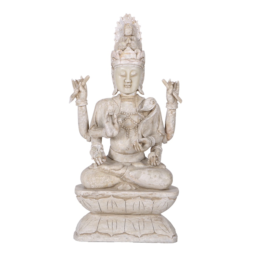 19th-Century East Asian Carved Marble Bodhisattva Sculpture