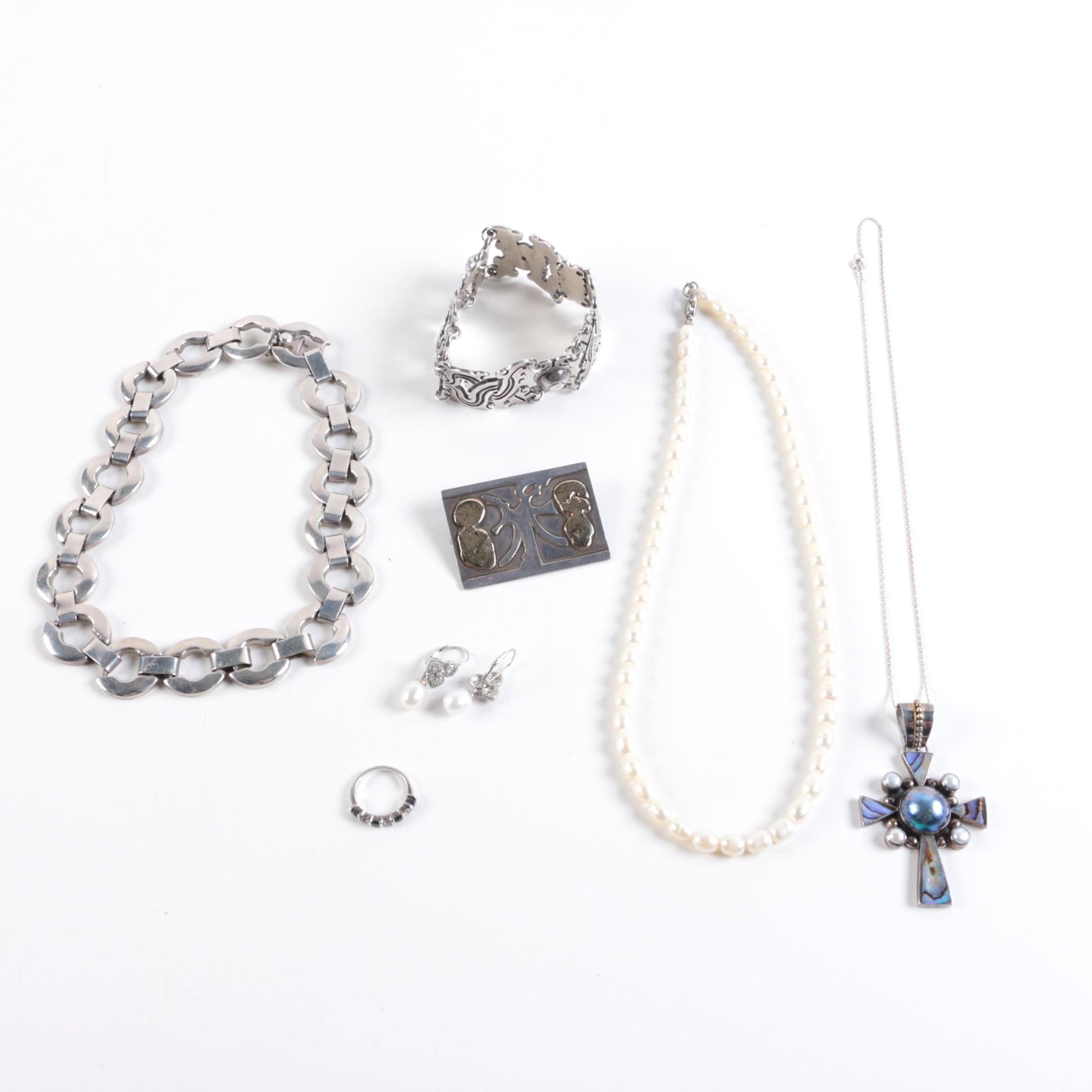 Sterling Silver Jewelry Including Mabe and Freshwater Pearl