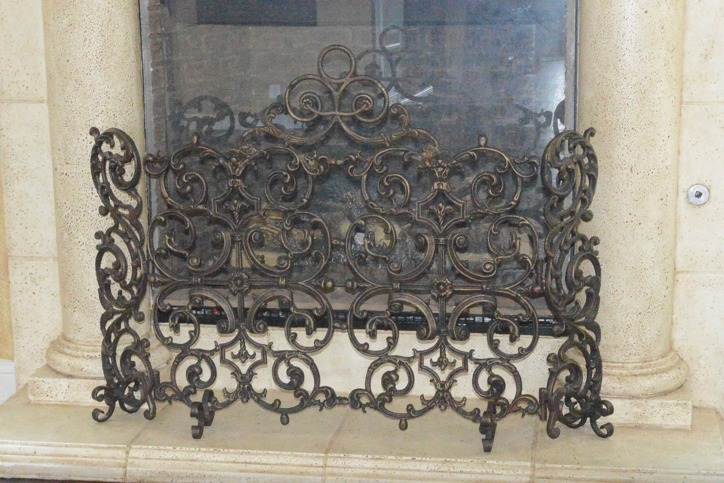 Large Cast Metal Fireplace Screen with Ornate Scrollwork