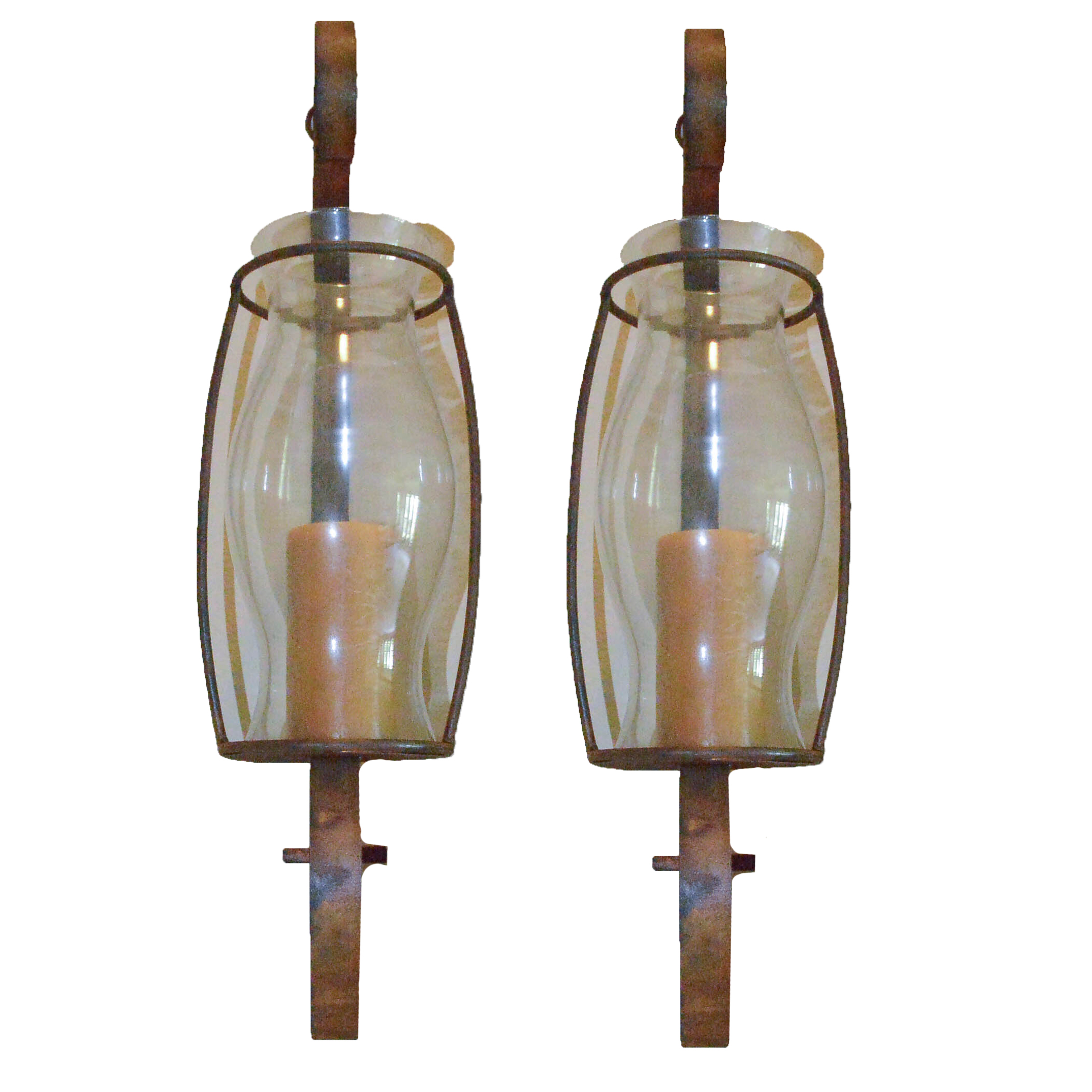 Pair of Large Wrought Metal and Glass Wall Sconces