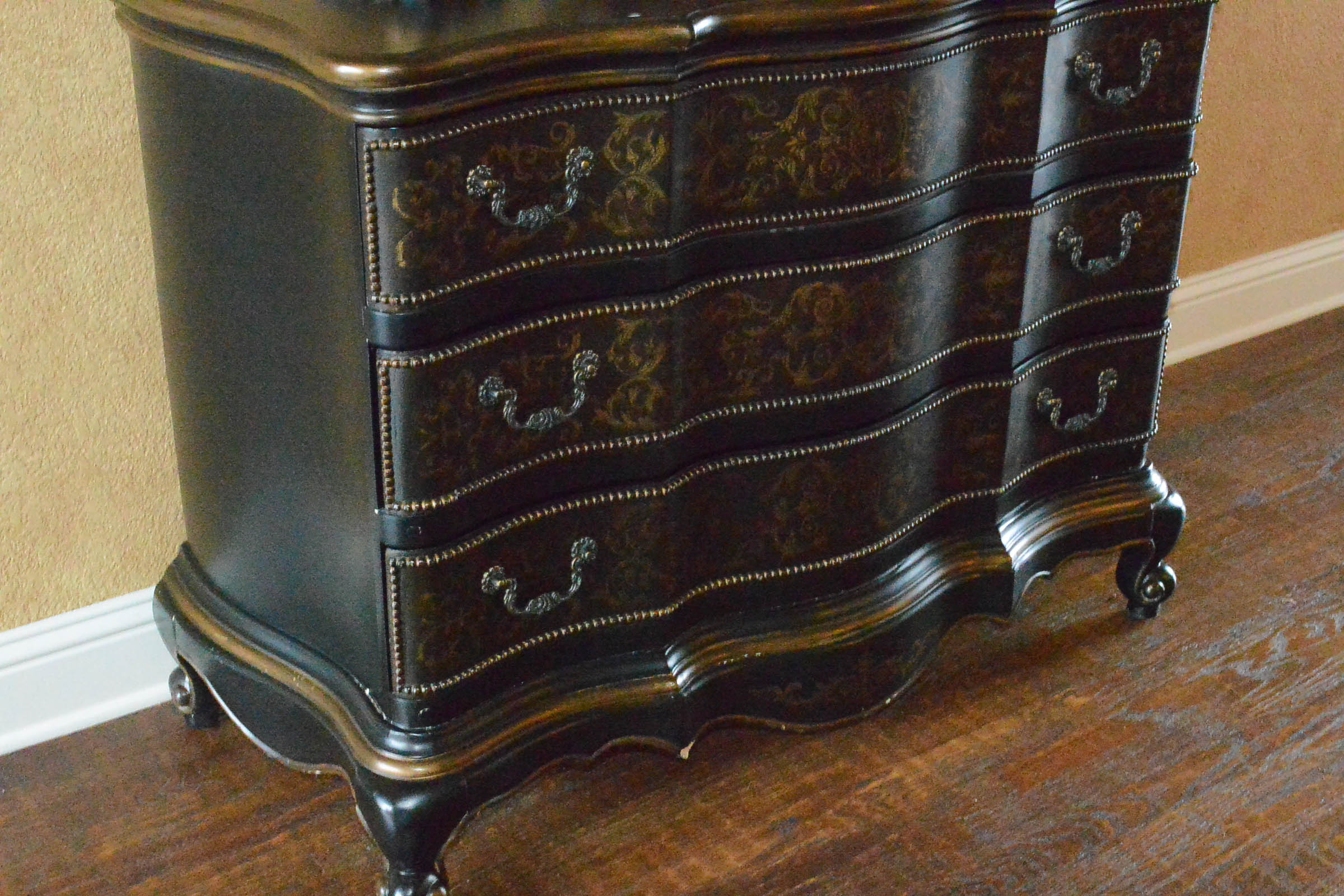 Wooden Three Drawer Dresser with Gilt Accents