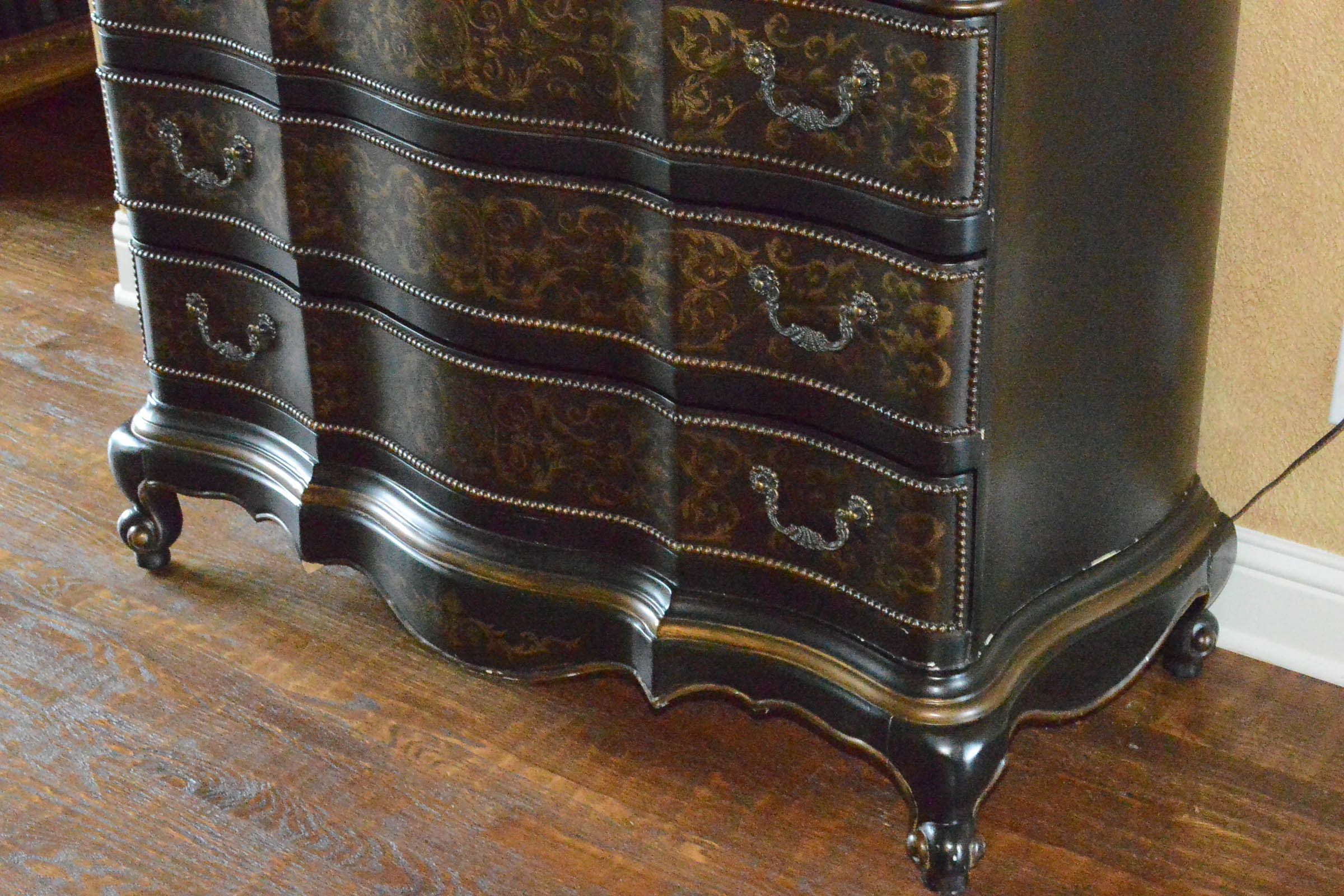 Wooden Three Drawer Dresser with Gilt Accents