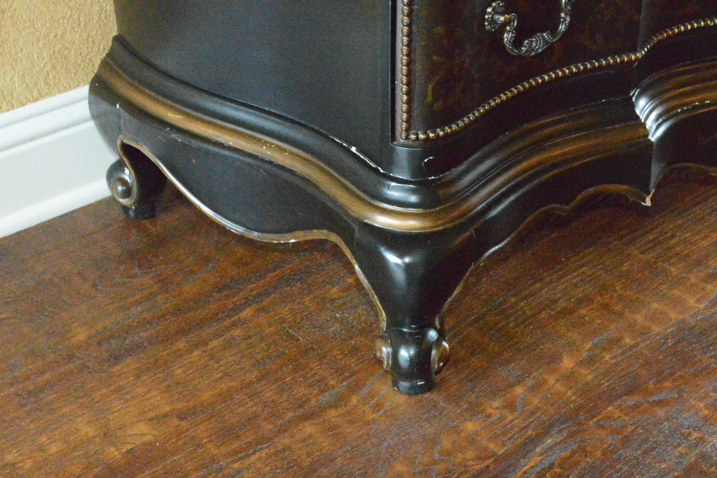 Wooden Three Drawer Dresser with Gilt Accents