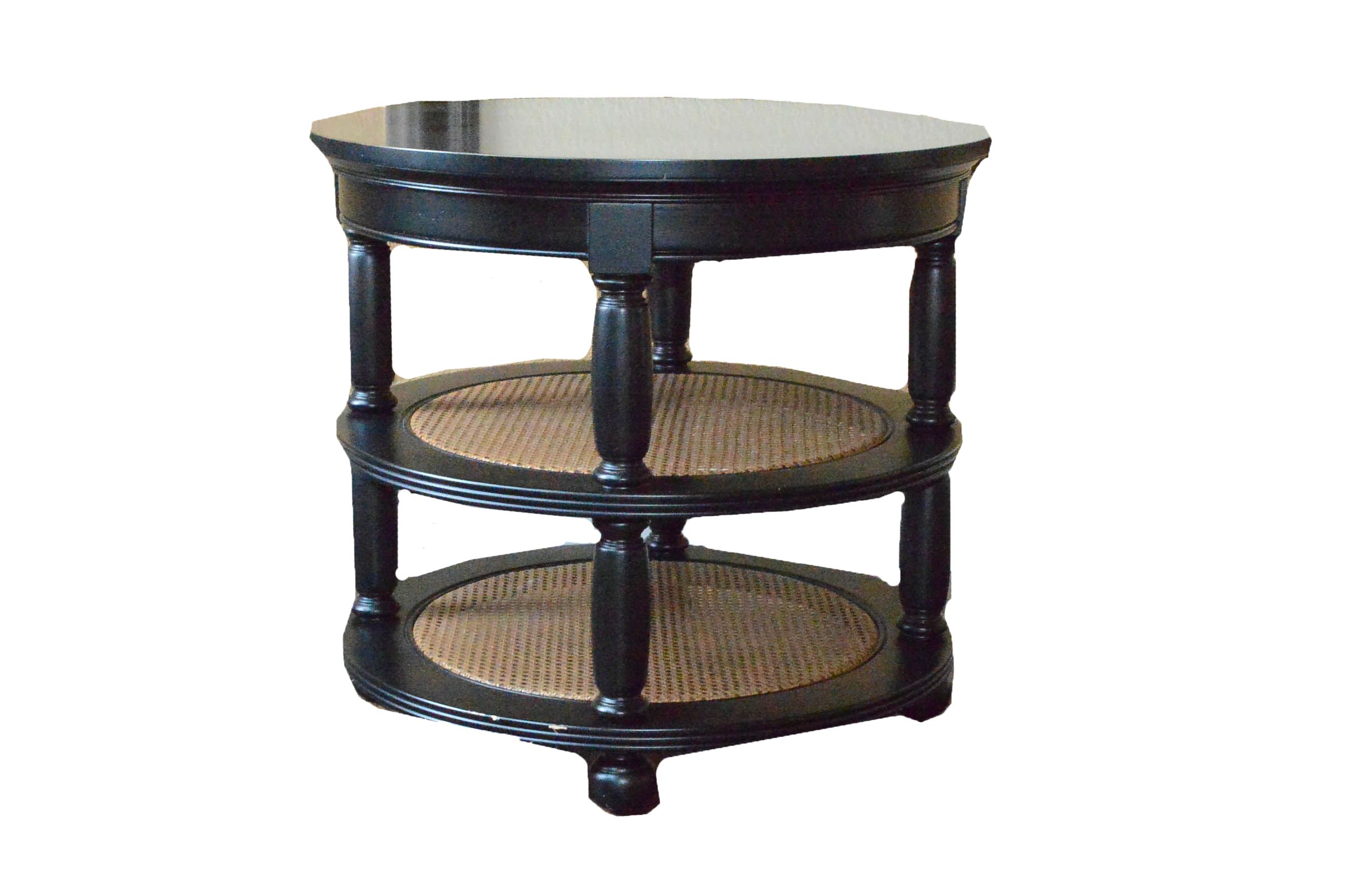 Round Wooden Accent Table with Cane Shelves