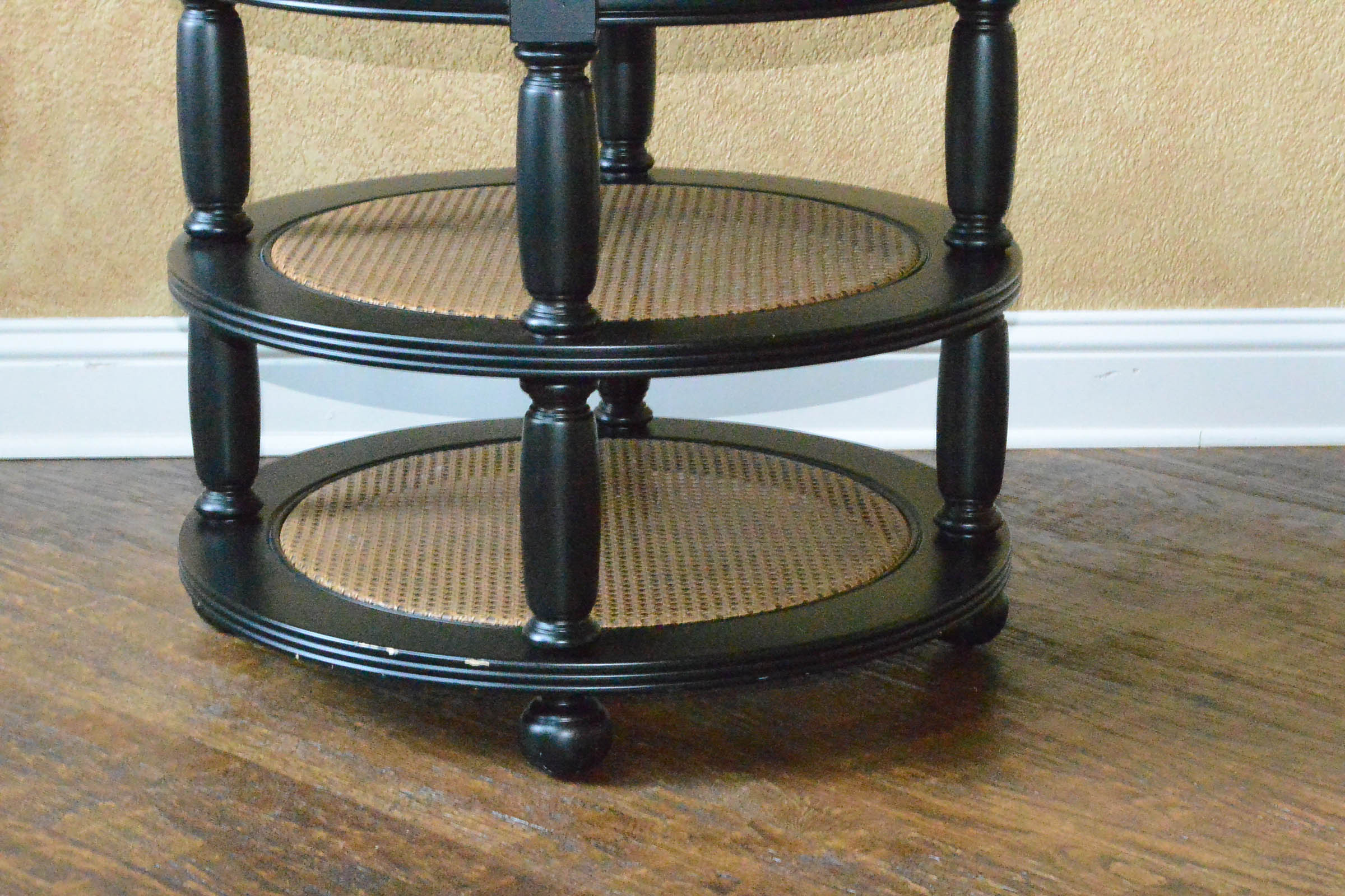 Round Wooden Accent Table with Cane Shelves