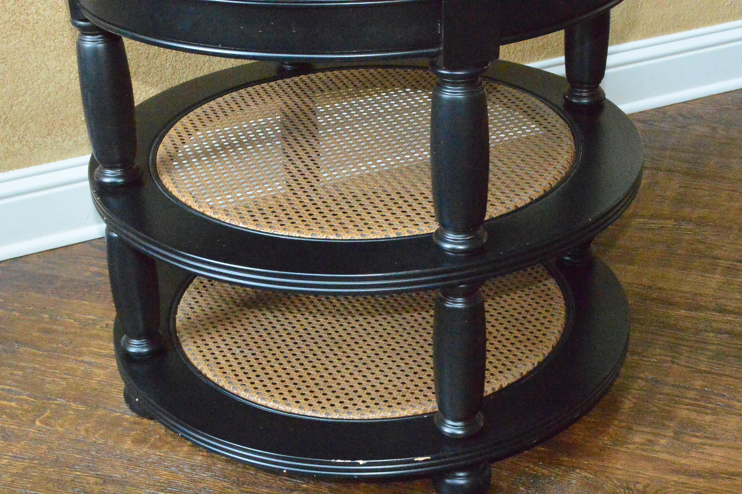 Round Wooden Accent Table with Cane Shelves