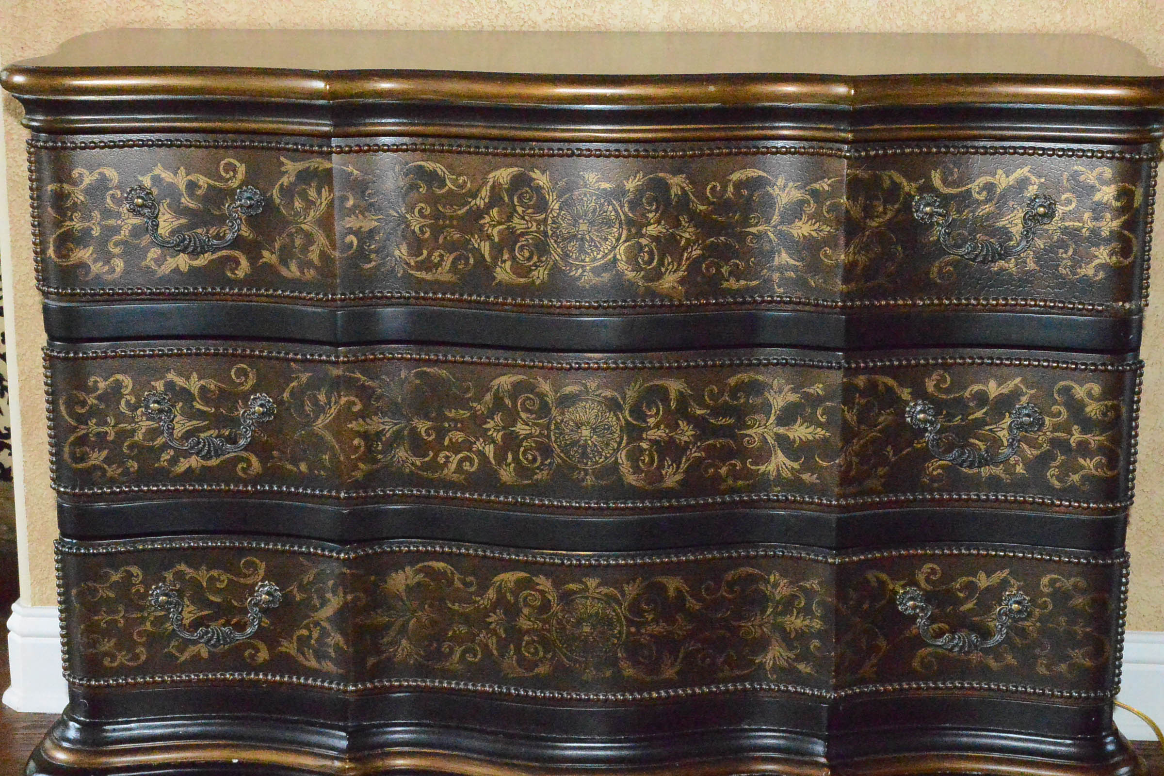 Wooden Three Drawer Dresser with Gilt Accents