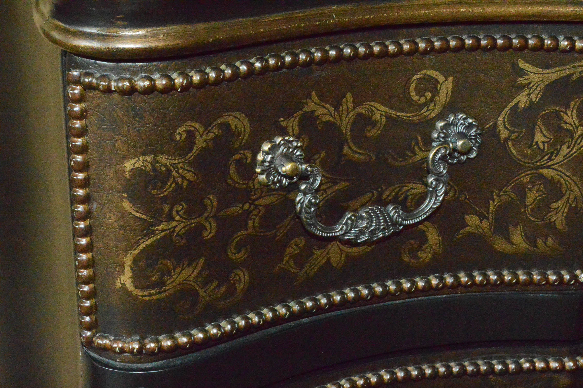 Wooden Three Drawer Dresser with Gilt Accents