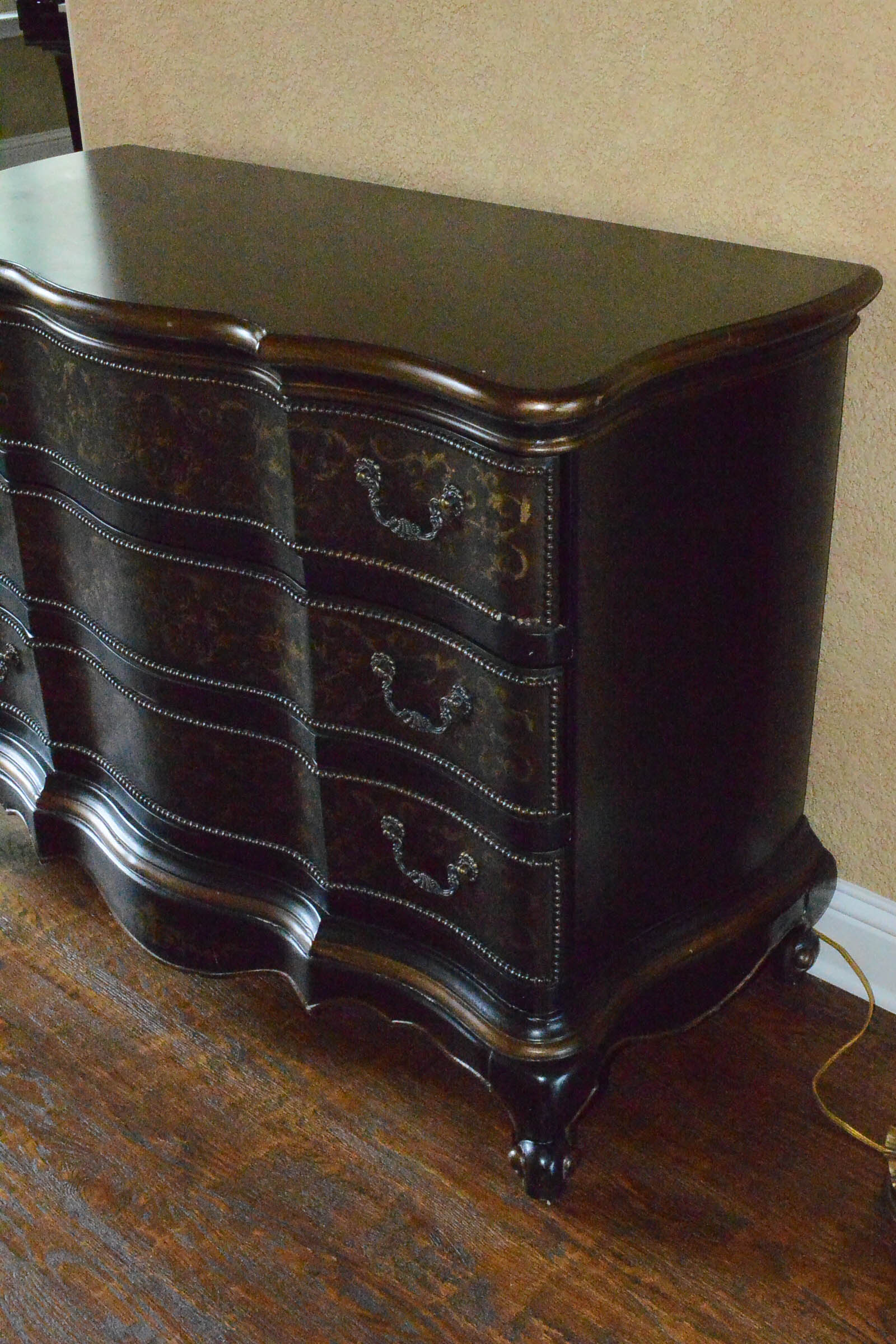 Wooden Three Drawer Dresser with Gilt Accents