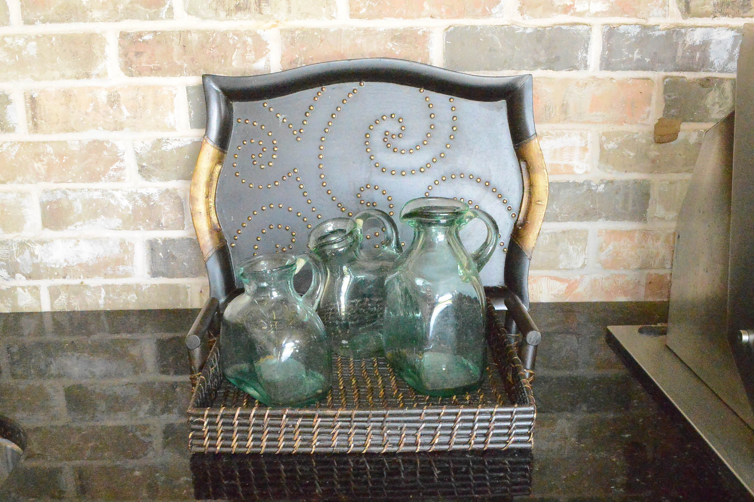 Pair of Wooden Trays and Two Glass Bottles