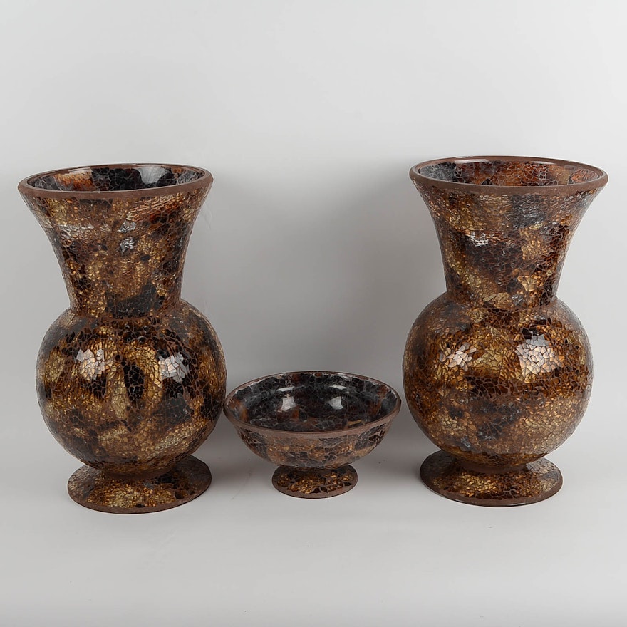 Pair of Amber-Tone Mosaic Glass Vases with a Compote