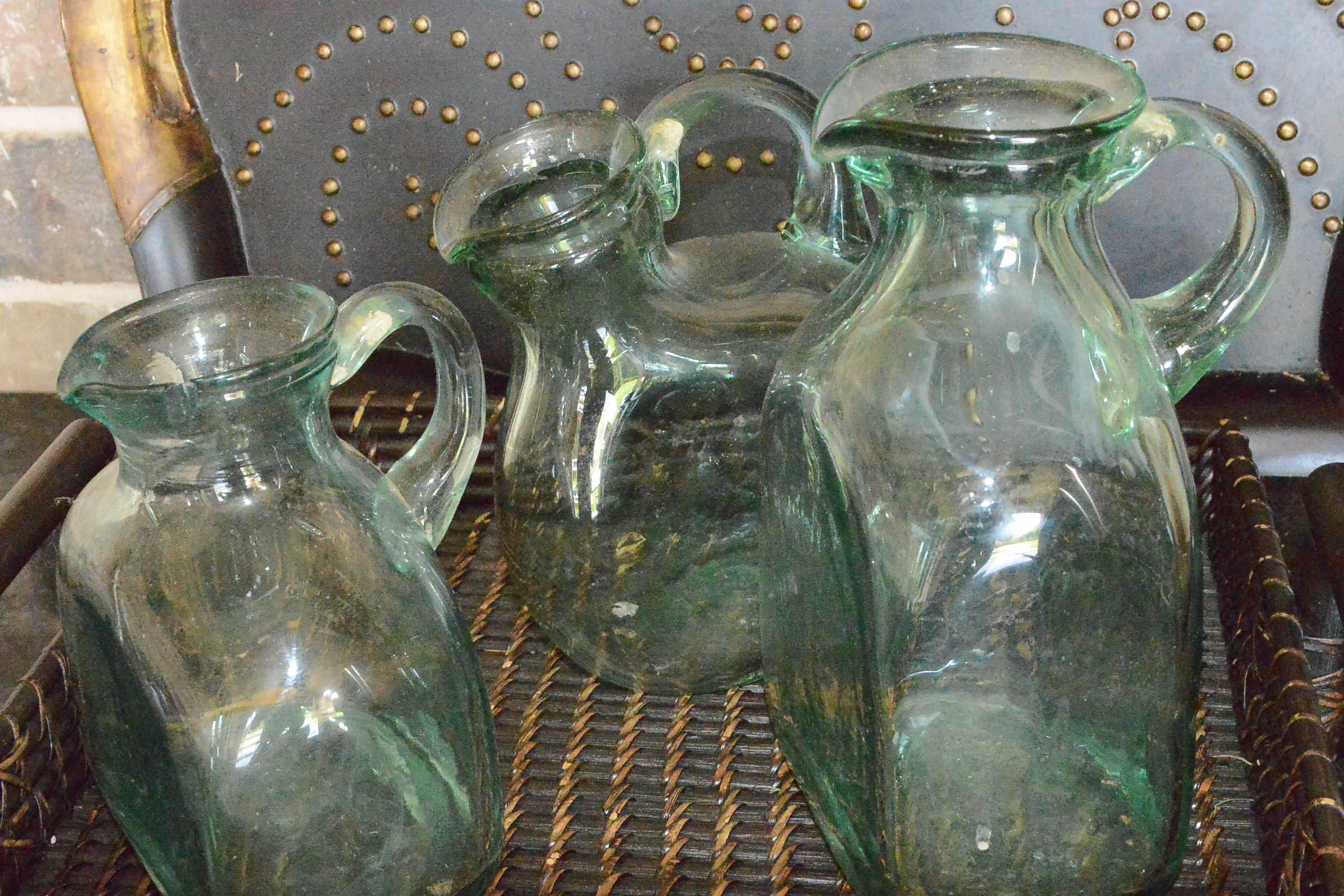 Pair of Wooden Trays and Two Glass Bottles