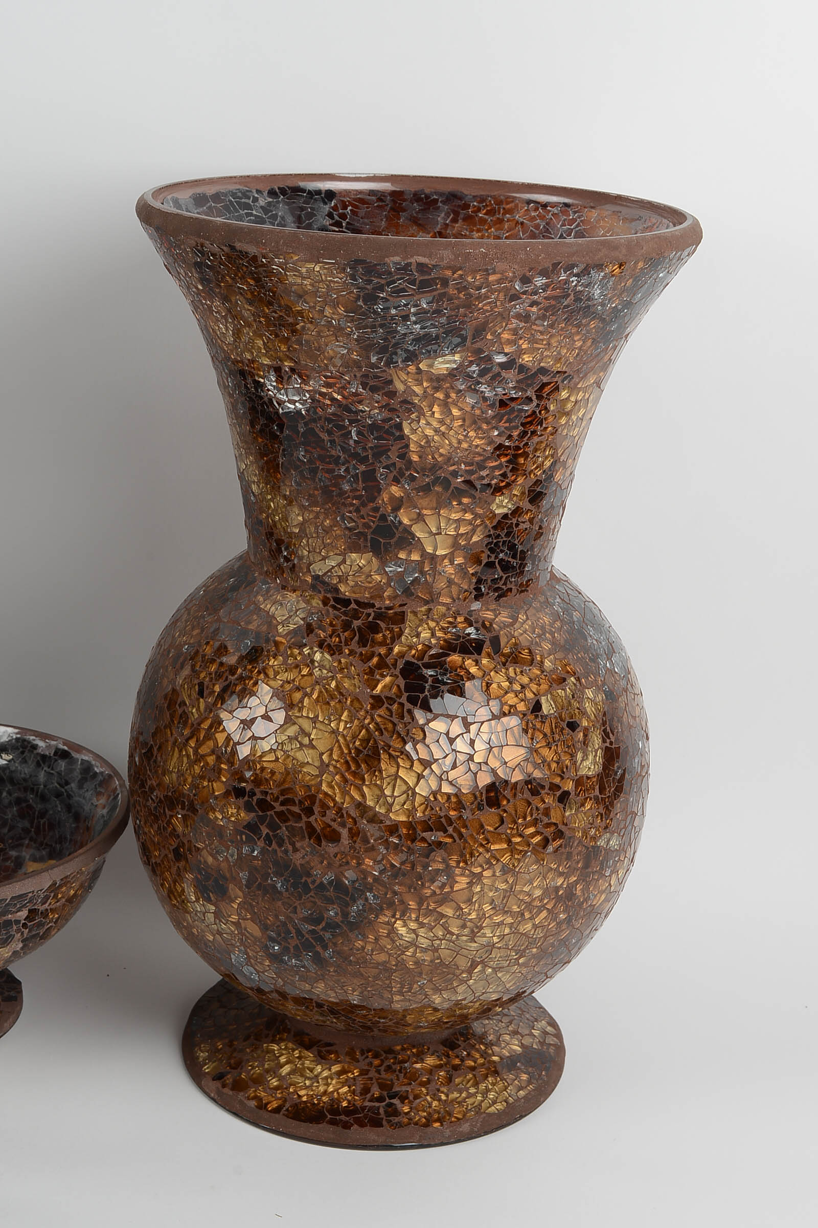 Pair of Amber-Tone Mosaic Glass Vases with a Compote